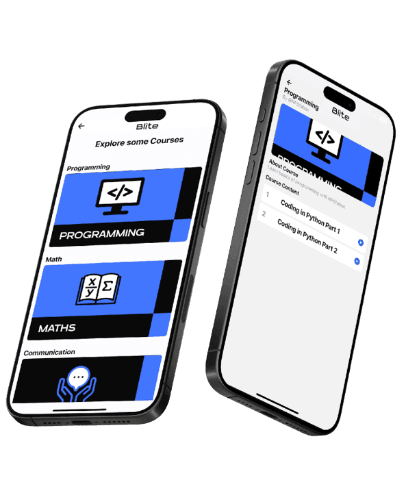 Blite mobile app — course tracks for programming, maths and communication on two phones
