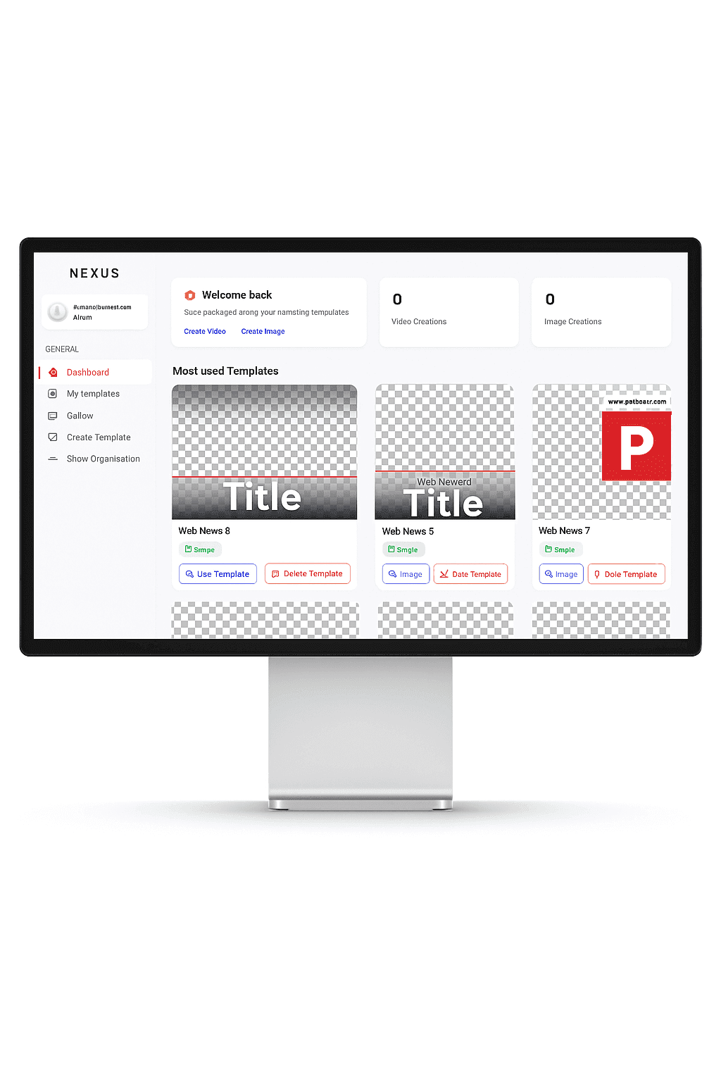 Nexus dashboard on a desktop display — template library and creation counters