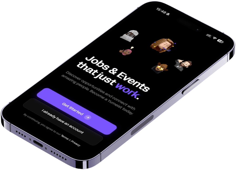 Yume mobile app — onboarding screen reading Jobs & Events that just work